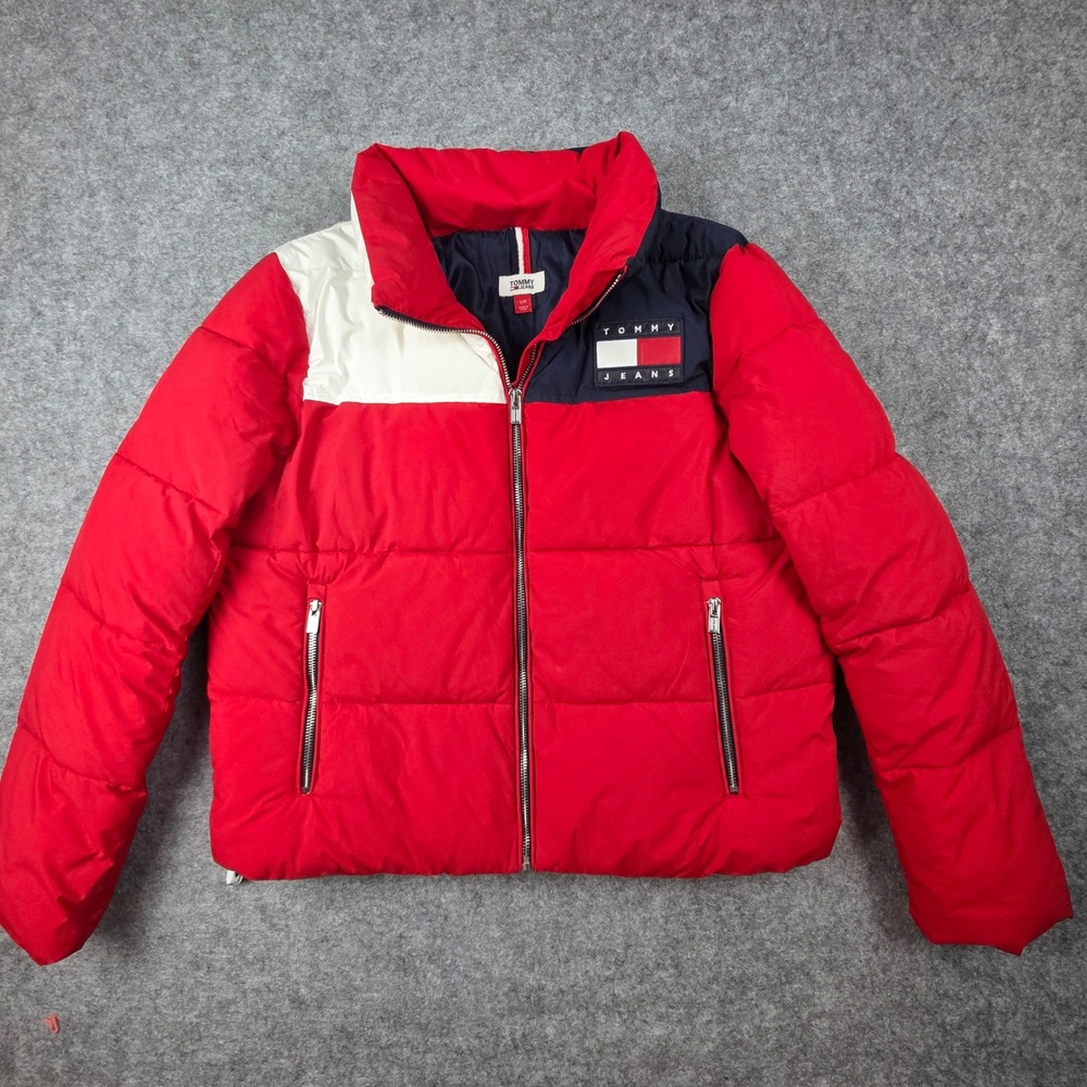 Tommy Jeans Womens Colorblock Puffer Jacket Red White Navy Blue L T2GJ0HZE